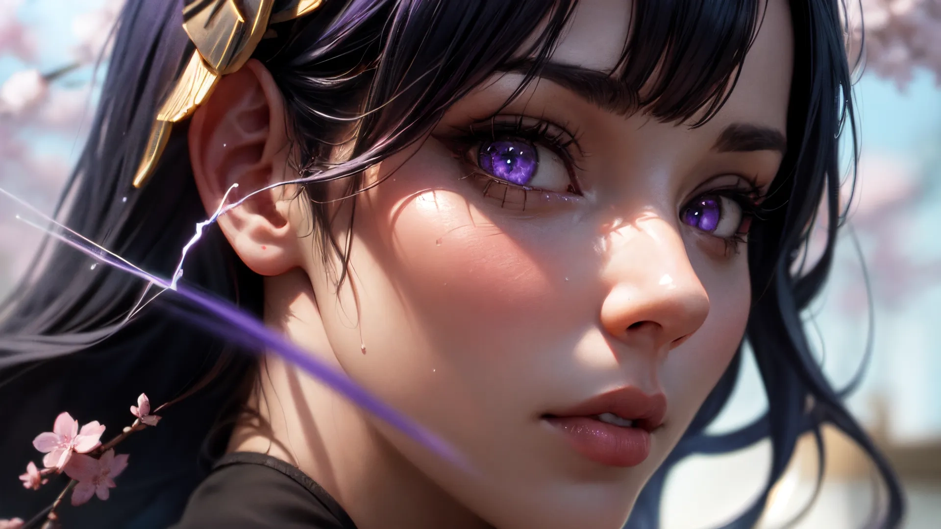 a girl next to flowers with a flower crown in her hair in an anime scene with purple and green eyes and hair styled high with black bangs