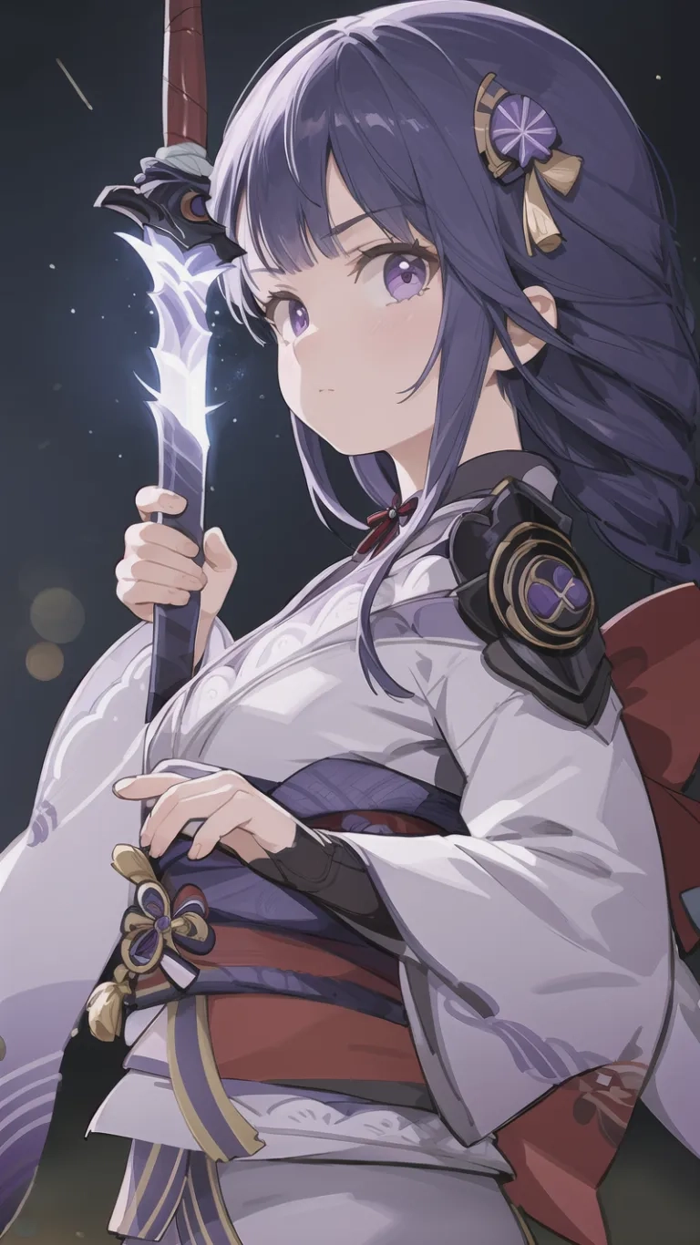 an anime with purple hair holding a knife and sword on a stage scene, while another stands with dark clothes and white dress behind her she has a blue scarf