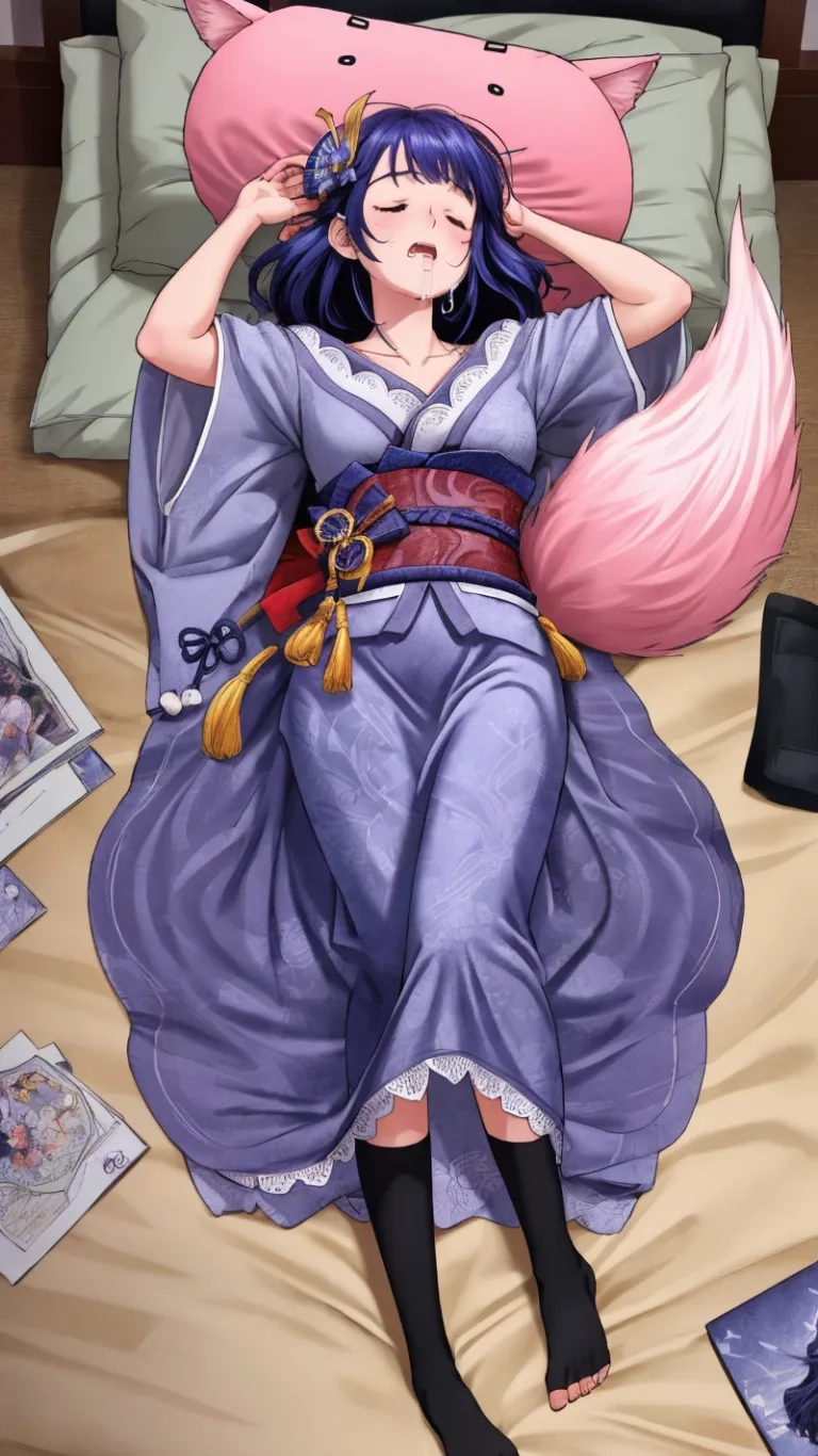 someone was sleeping in a dress on a bed, with a blanket on their backs and a pillow behind her head and the pillow above her with a cat on the head