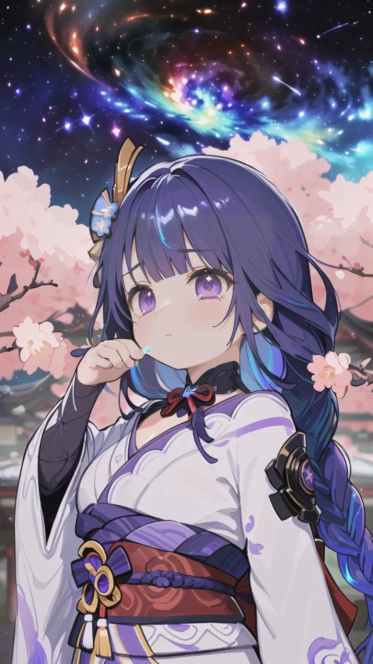 anime girl standing outdoors with cherry blossoms in the background and stars in the sky behind her and trees in front of her, and a purple sky background