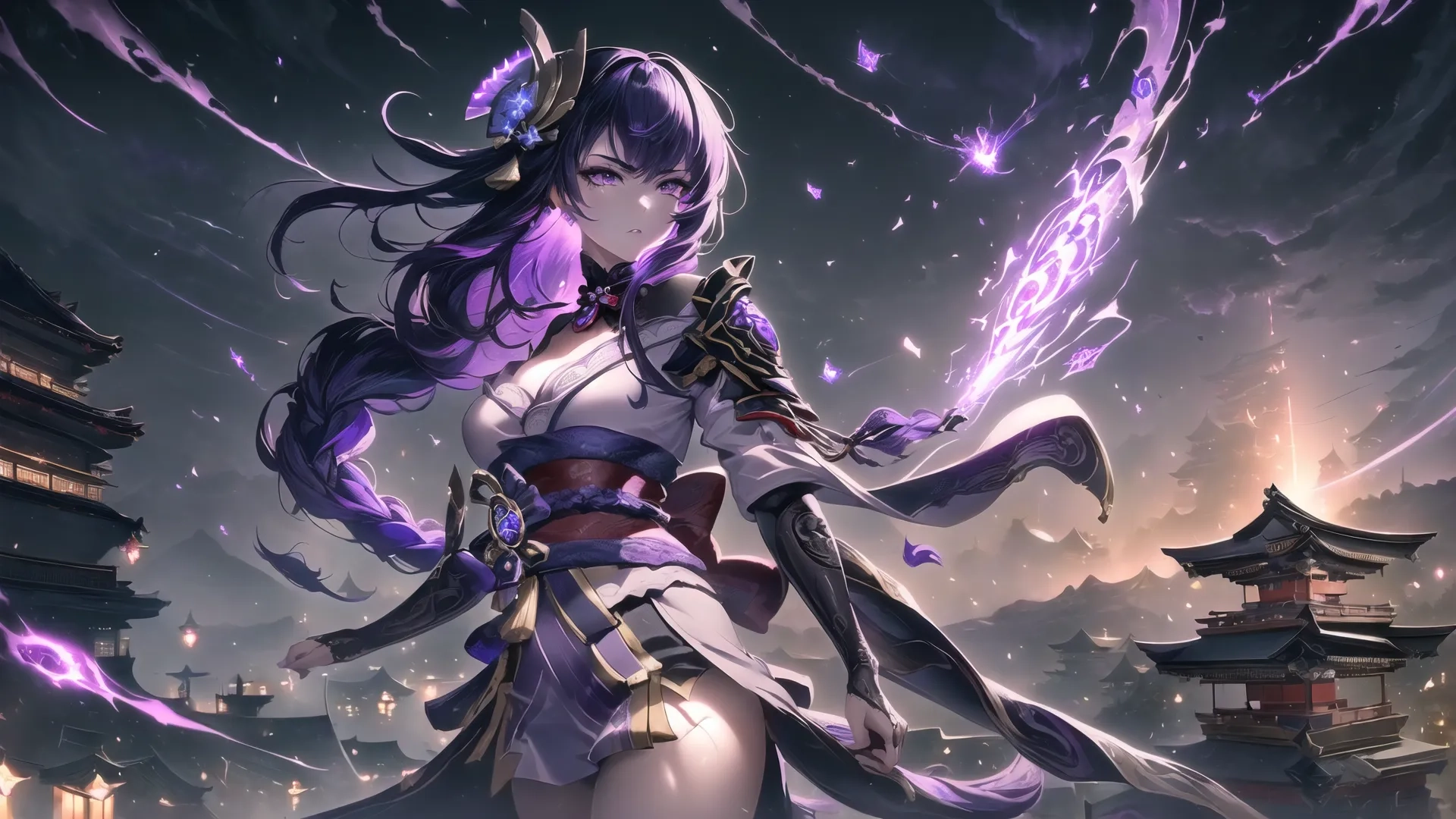 girl standing with her arm raised and wearing an armor that has lightning in her hand while she raises a sword over her shoulder against a backdrop with a tower