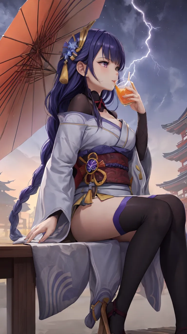a woman in costume sitting beside an umbrella and holding a glass of something near a pagoda, during a rainstormer at dusk with her hand up