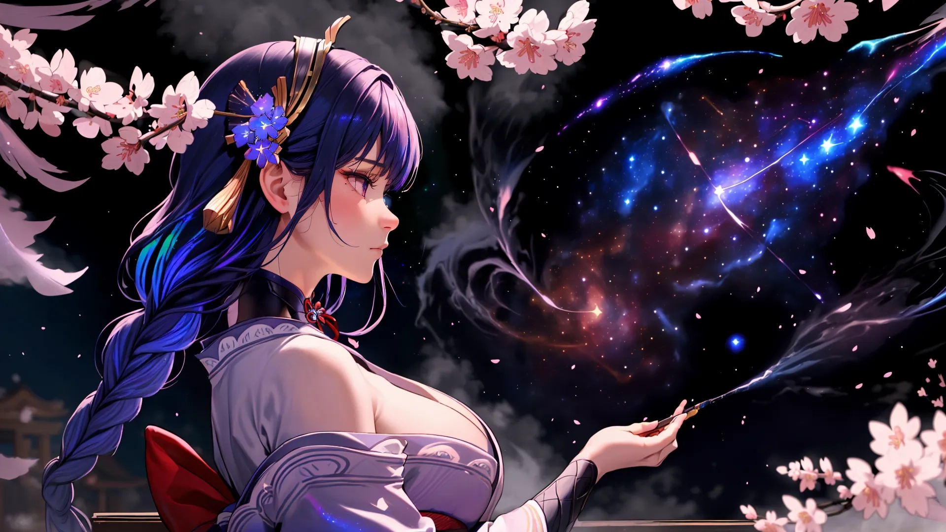 a young woman is looking at the stars in the sky while an extra star swirls over her shoulder with purple hair, her blue eyes and dark hair