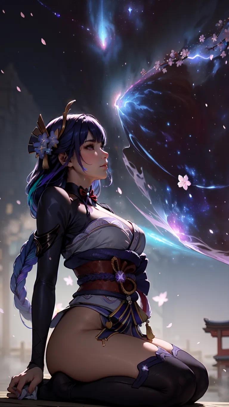 she is kneeling and looking at the view on the screen of a blue globe background that appears to light up a pink cloud in the sky and purple colors