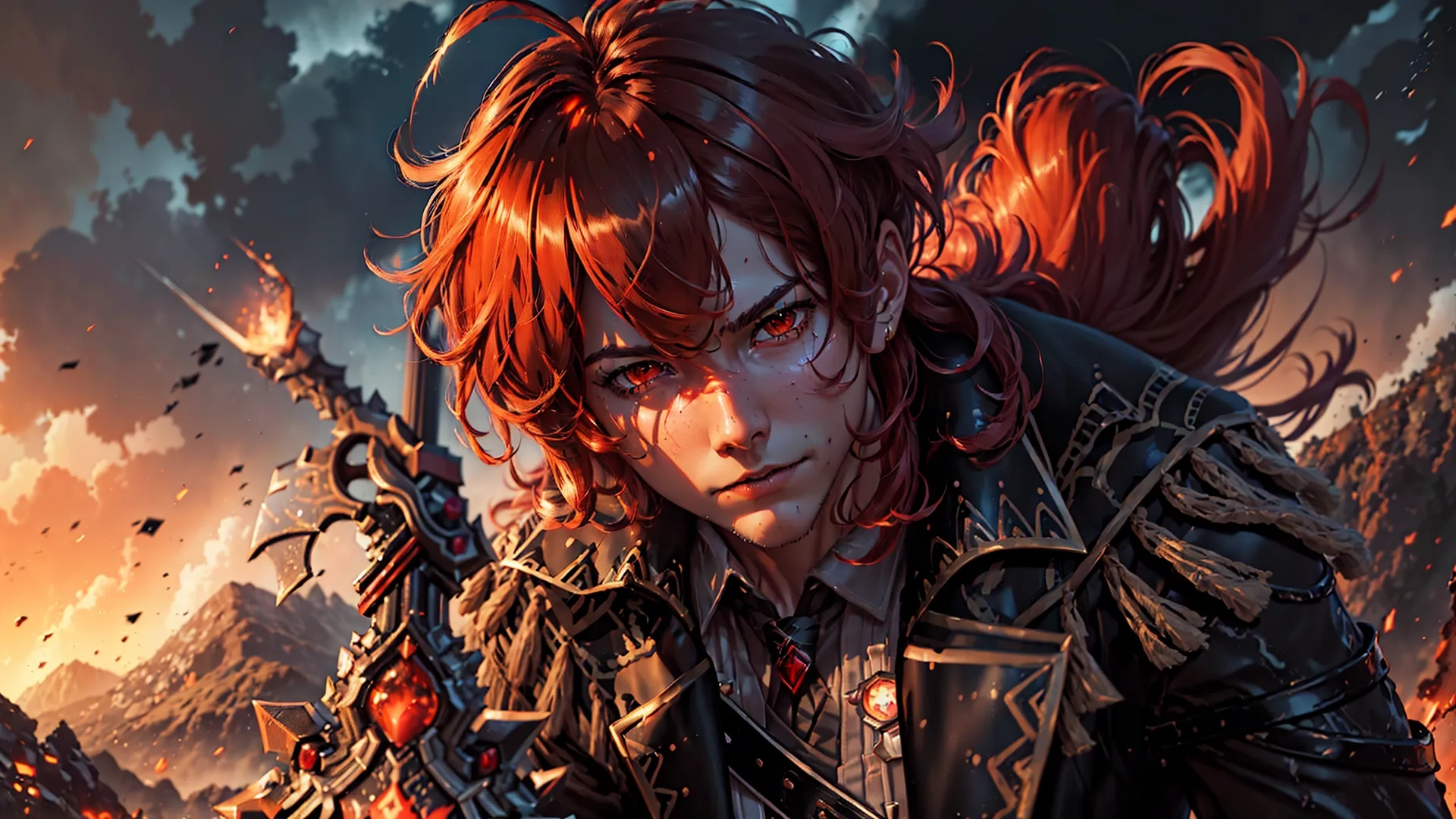 an image of a male in action with his hair pulled back and a sword between his arm and shoulder, on a screensaver background with exploding clouds
