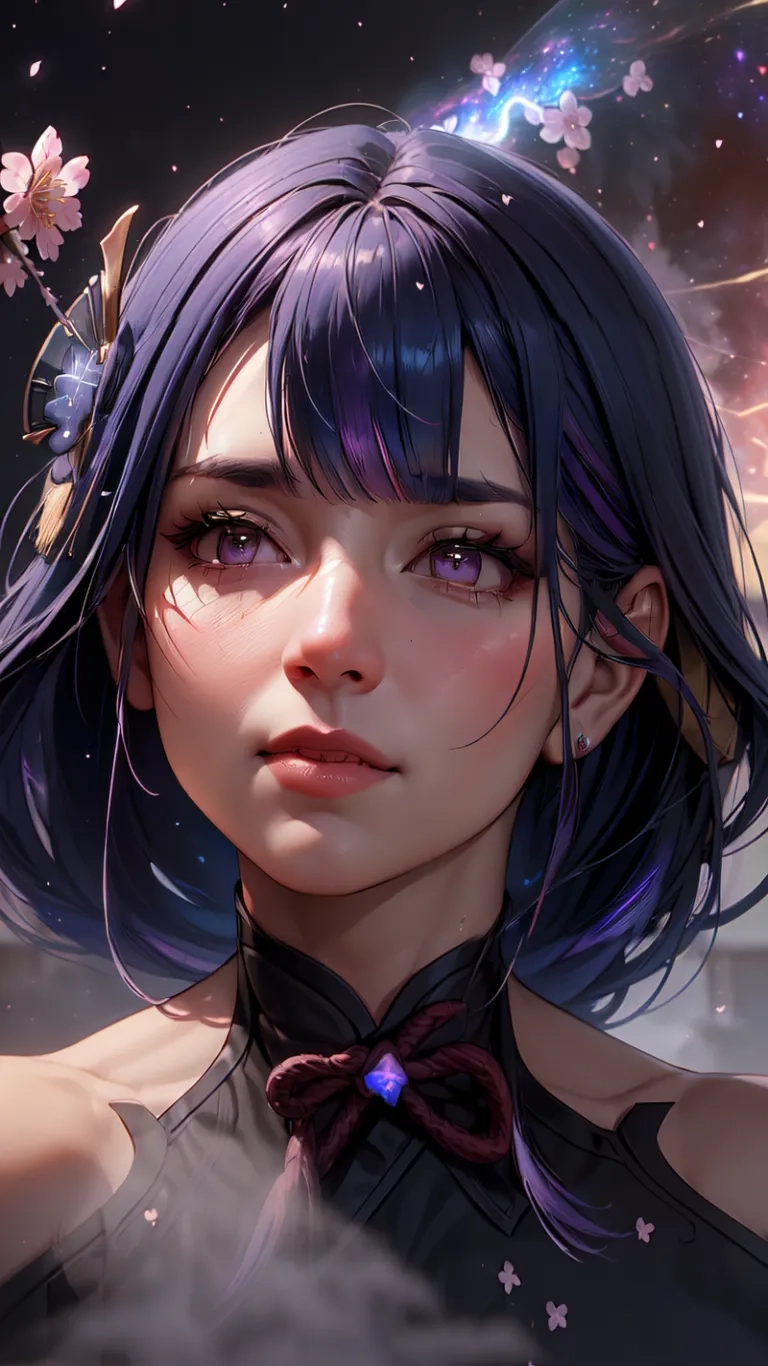 a woman with black, purple and pink hair wearing a blue dress, holding flowers in her hand, and looking away from the camera's distance