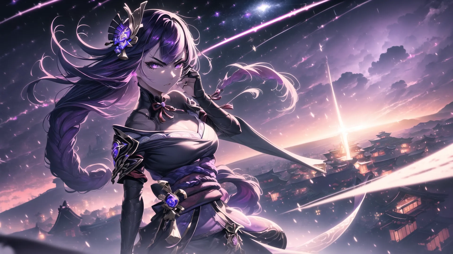 a person with long hair in an anime style outfit and a sword on their hands and the sky with small stars in the background, with a pink neon lights above them