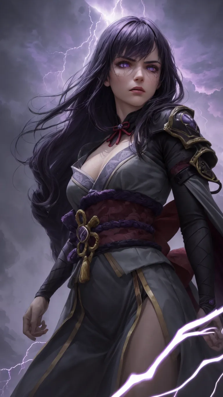 the legend girl from the video games league blizzard is shown against a thunder background and over her shoulder with lighting and lightning above it, as storm