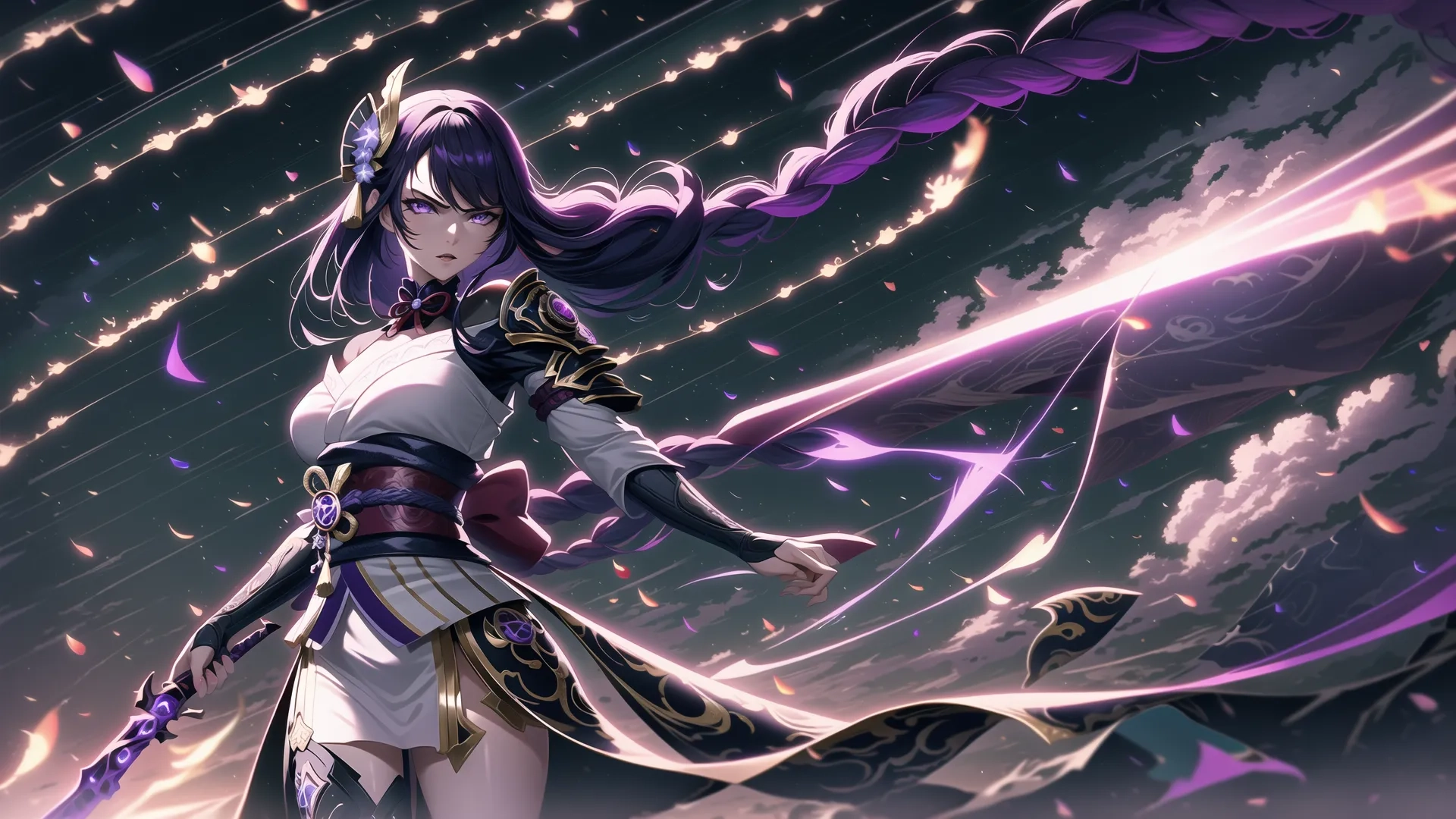 a girl is dressed in a futuristic outfit and she is about 5 15 years old, standing below flying objects and looking fierce with sword blades in the sky