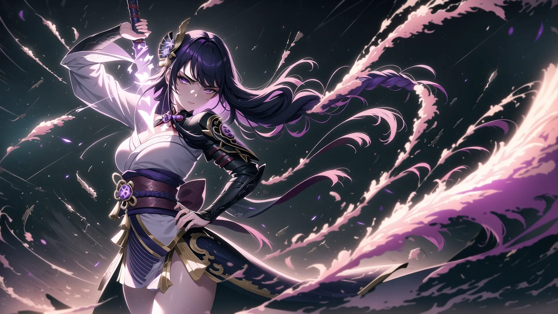 the woman is standing alone with a knife and sword in her hand and looking at water swirling around her back it's surface with purple accents