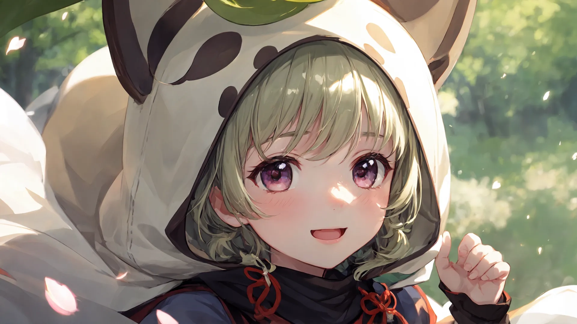 the image shows a girl wearing panda bear costumes and a large dog hat with headpieces on, in front of trees, leaves and leaves