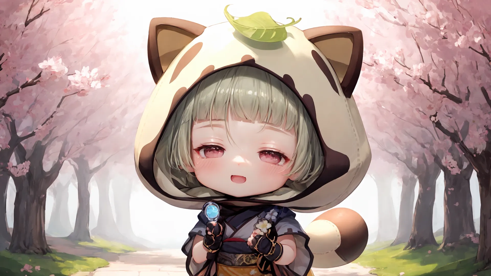 girl in bear costume holding stuffed animal on road lined with trees and benches, artwork, digital painting, artwork, animal headdress, cat, fantasy