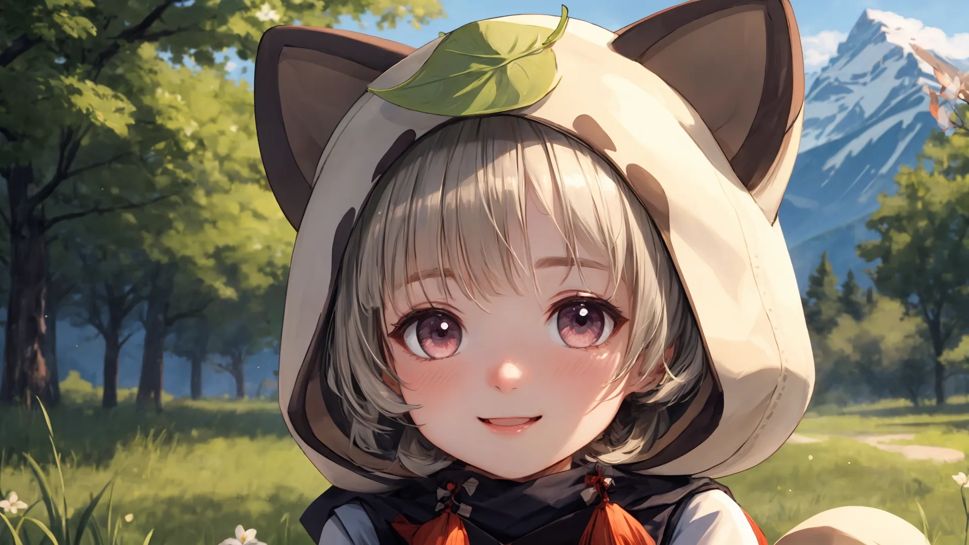 the girl in the white cat mask is standing there in front of the mountain and clouds with her hair back to point to her head, while holding an animal ears