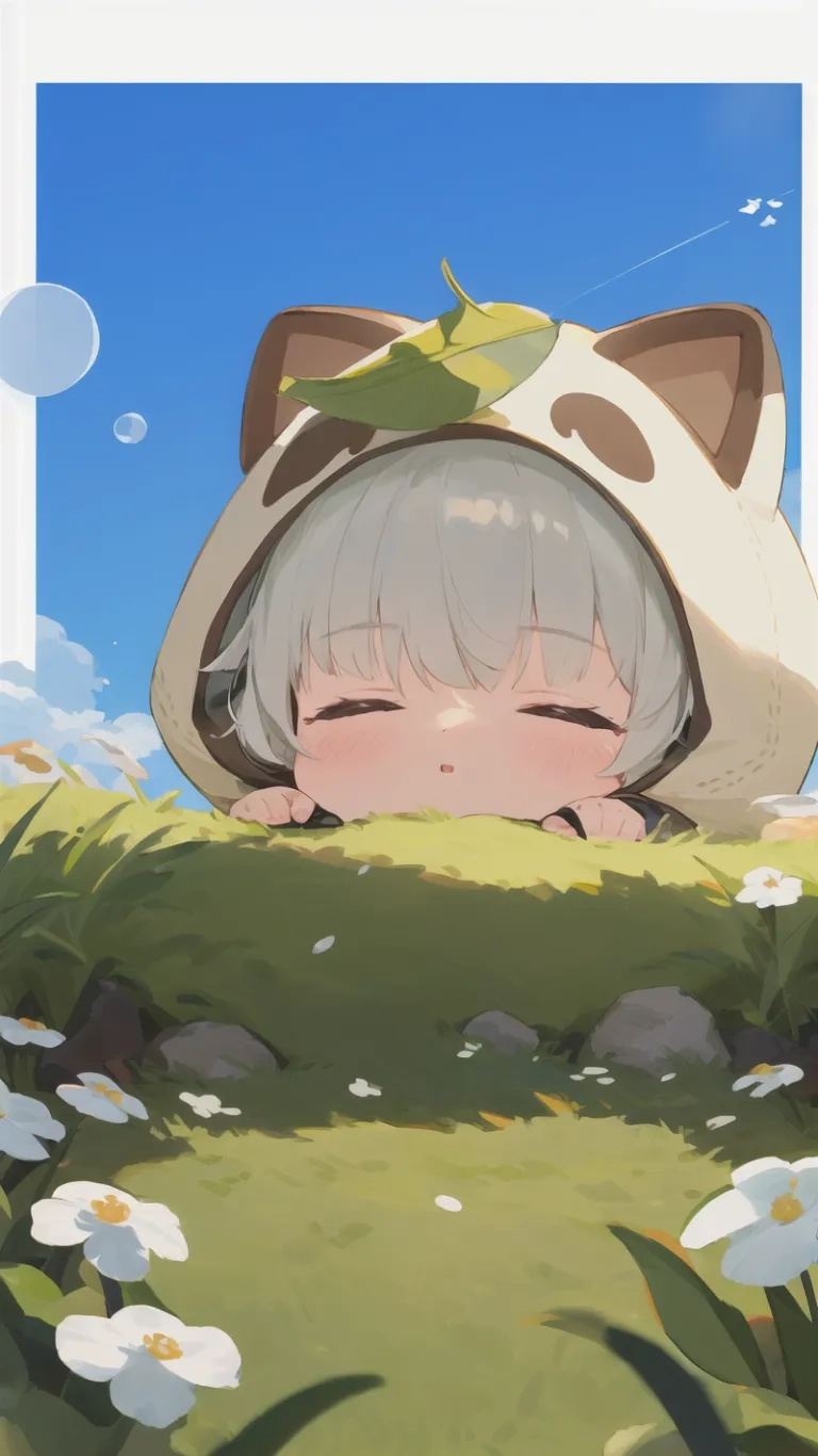 an adorable woman peeking her head out from the grass covered by tiny flowers in a hat, looking upward at a leaf on top of her face