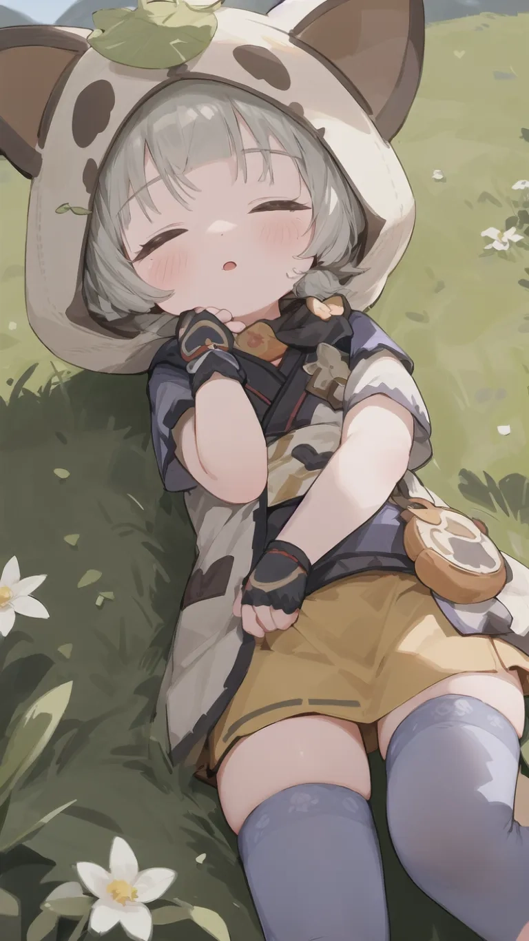a cartoon cat head wearing a dress laying in the grass wearing boots and holding a pair of ear buds and a hat on her head, with her other hand, and wearing a bag