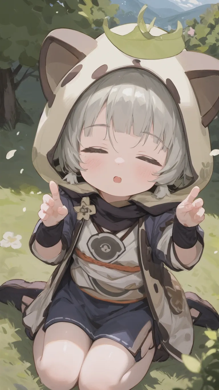 an image of the small kid in the picture with cats ears on it's hood over their head and hat over her ears and mouth, wearing glasses