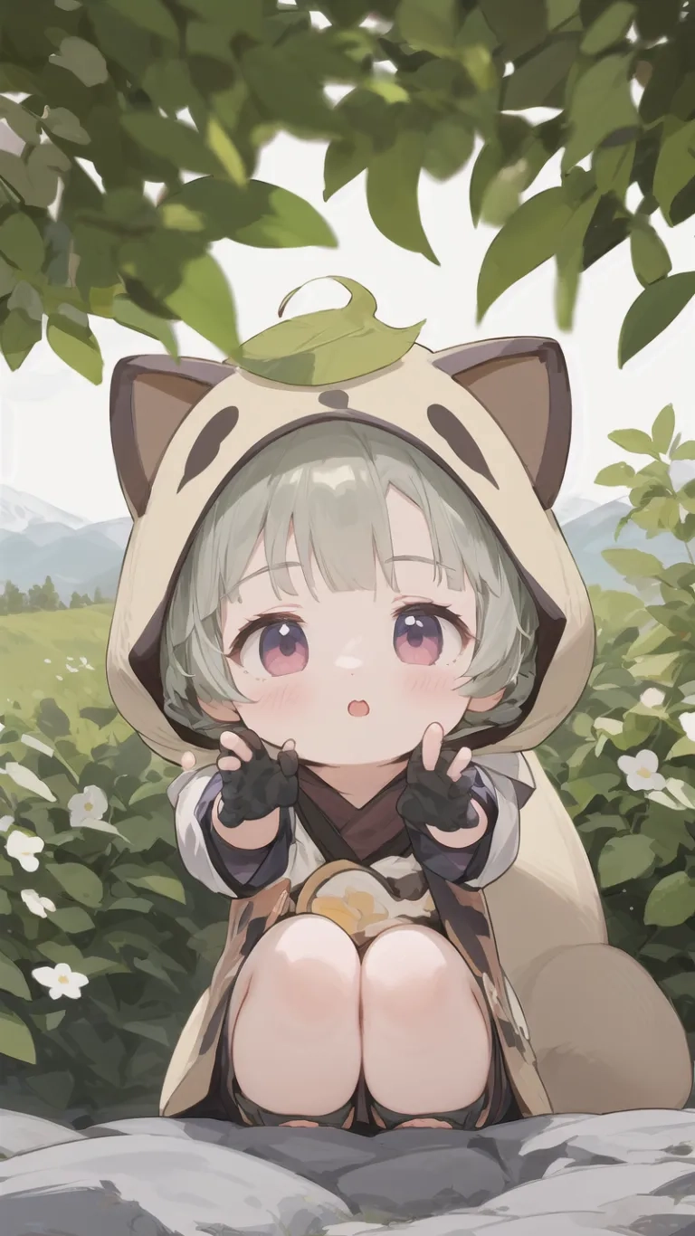 anime girl with a cat hood sitting down next to some bushes and flowers in front of her head, eyes closed with blue - eyed closed eyes