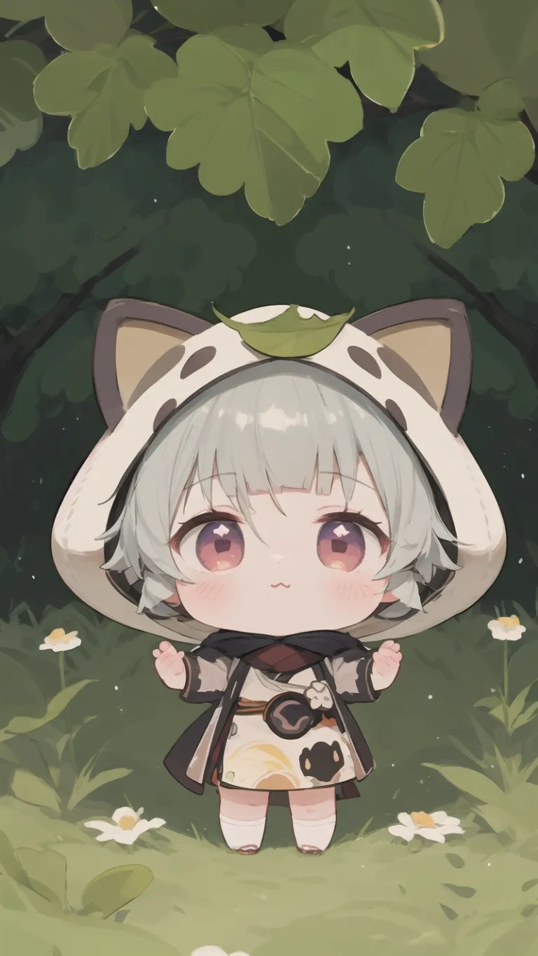 cute anime girl with cat ears and hood sitting in grassy area next to some flowers and trees, surrounded by daisies, her eyes are slightly open