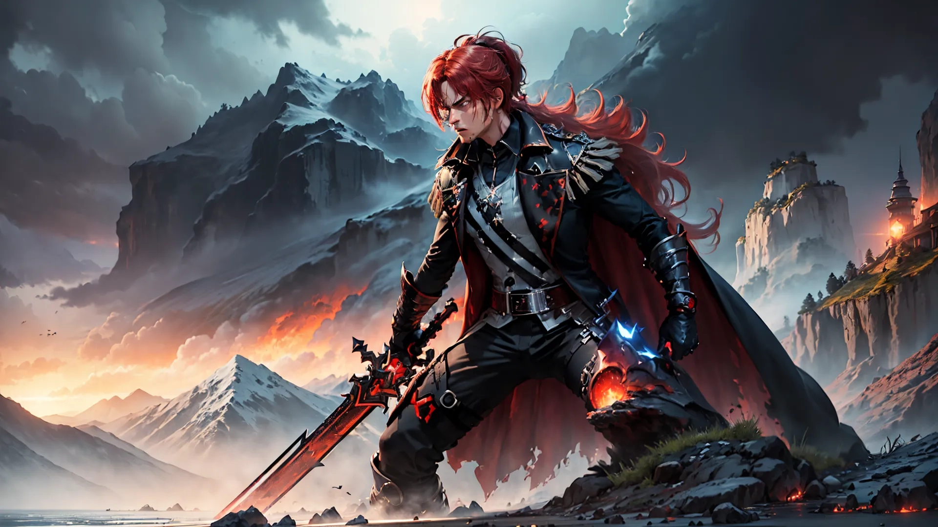 a man is standing on a mountain with swords looking back at the viewer from what appears to be a world like this environment on display in the wallpaper