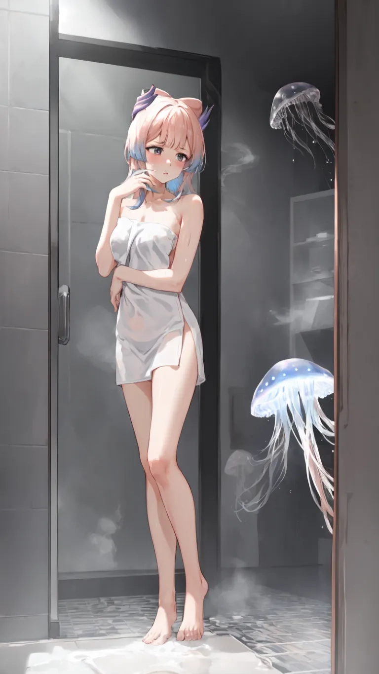 a woman is standing in the front doorway next to a wall looking at something in the distance with jellys around them on them in the background