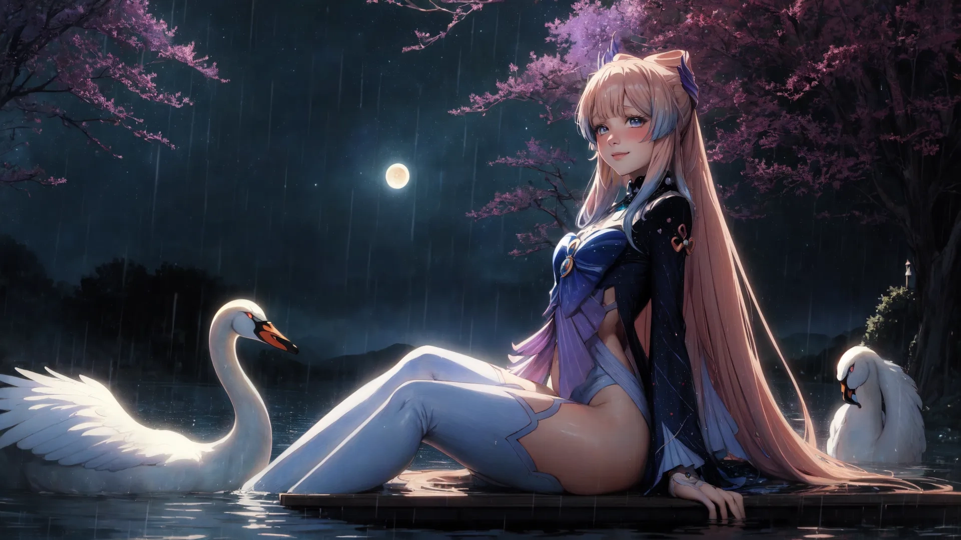 there is a beautiful woman and two swans by the water at night, facing the camera that has long flowing blonde hair and blue pants and a pink crown
