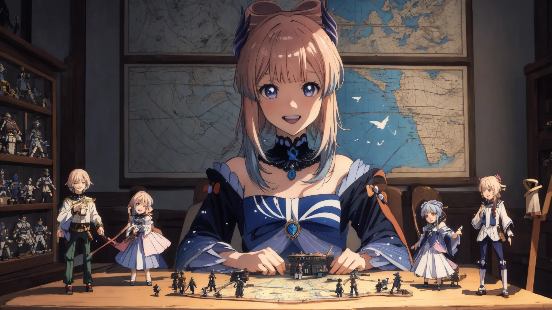 a group of girls with various hair types sit at a table surrounded by figurines that read and write letters from letters around them around them