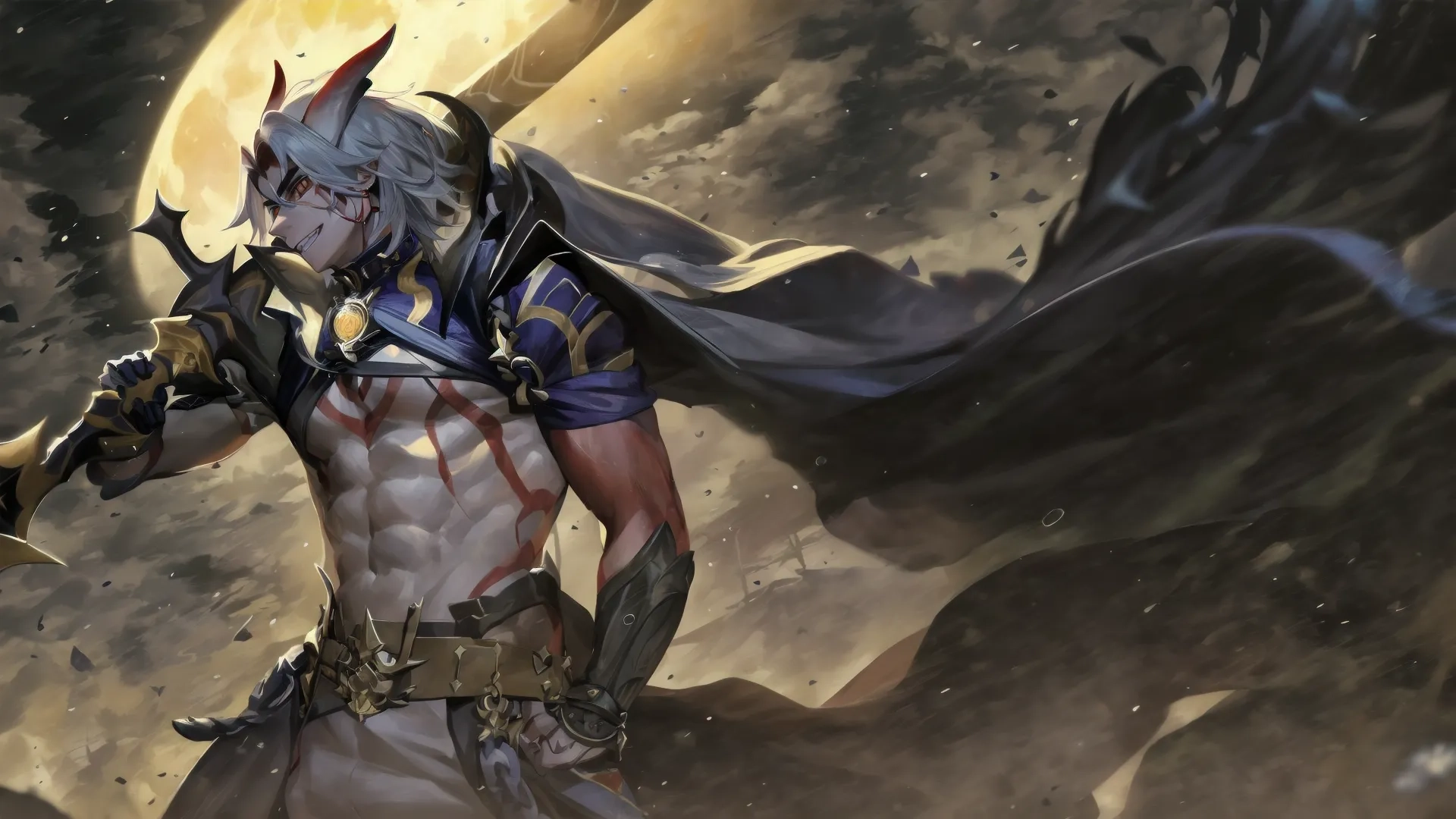 a man wearing armor holds two swords in front of the full moon, but it's not too long enough for him to say it's night
