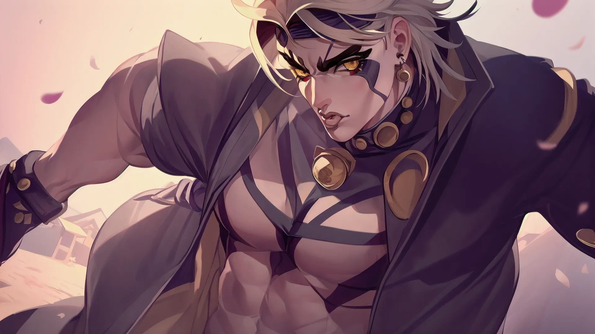 an illustration of a woman with blonde hair and black eye make up in a costume, and wearing gold decorations on her chest and top breast with roses
