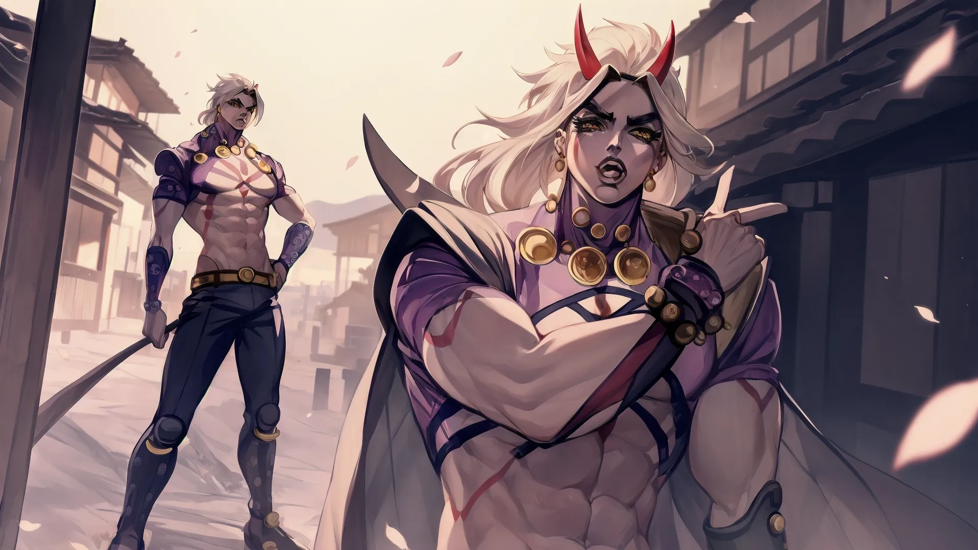 a girl with a sword is standing next to a guy in an asian village with a huge sword sticking straight at her knee with an enormous, full - length behind her