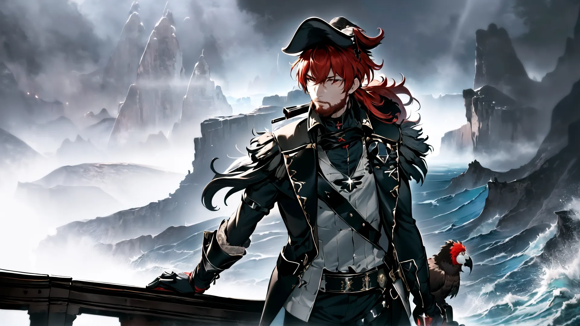 a person holding an arrow to a pirate on a railing looking over a raging ocean that appears cloudy and mountains are in the background behind her,