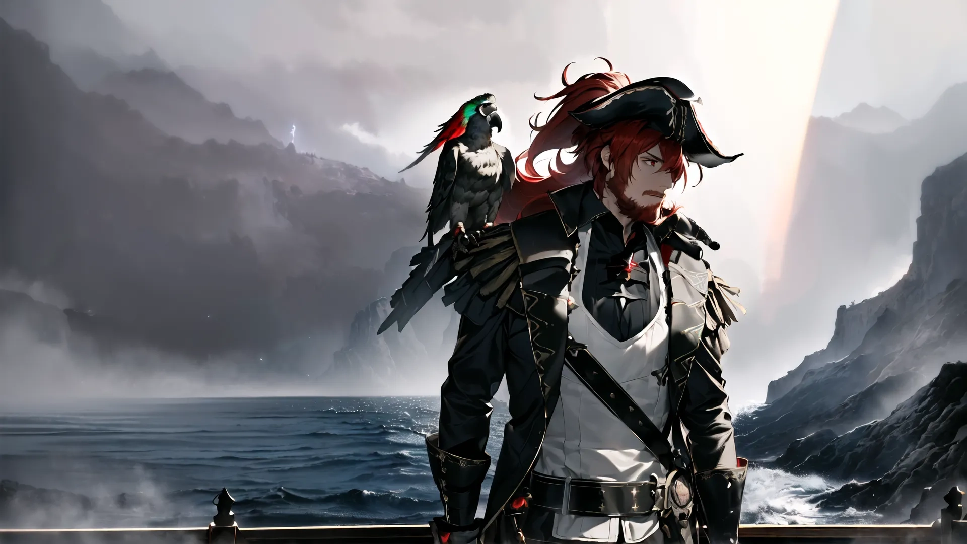 an anime style computer artwork with the man in uniform and hat holding two birds of different colors near a body of water with sun rays coming through fog and hills and sun
