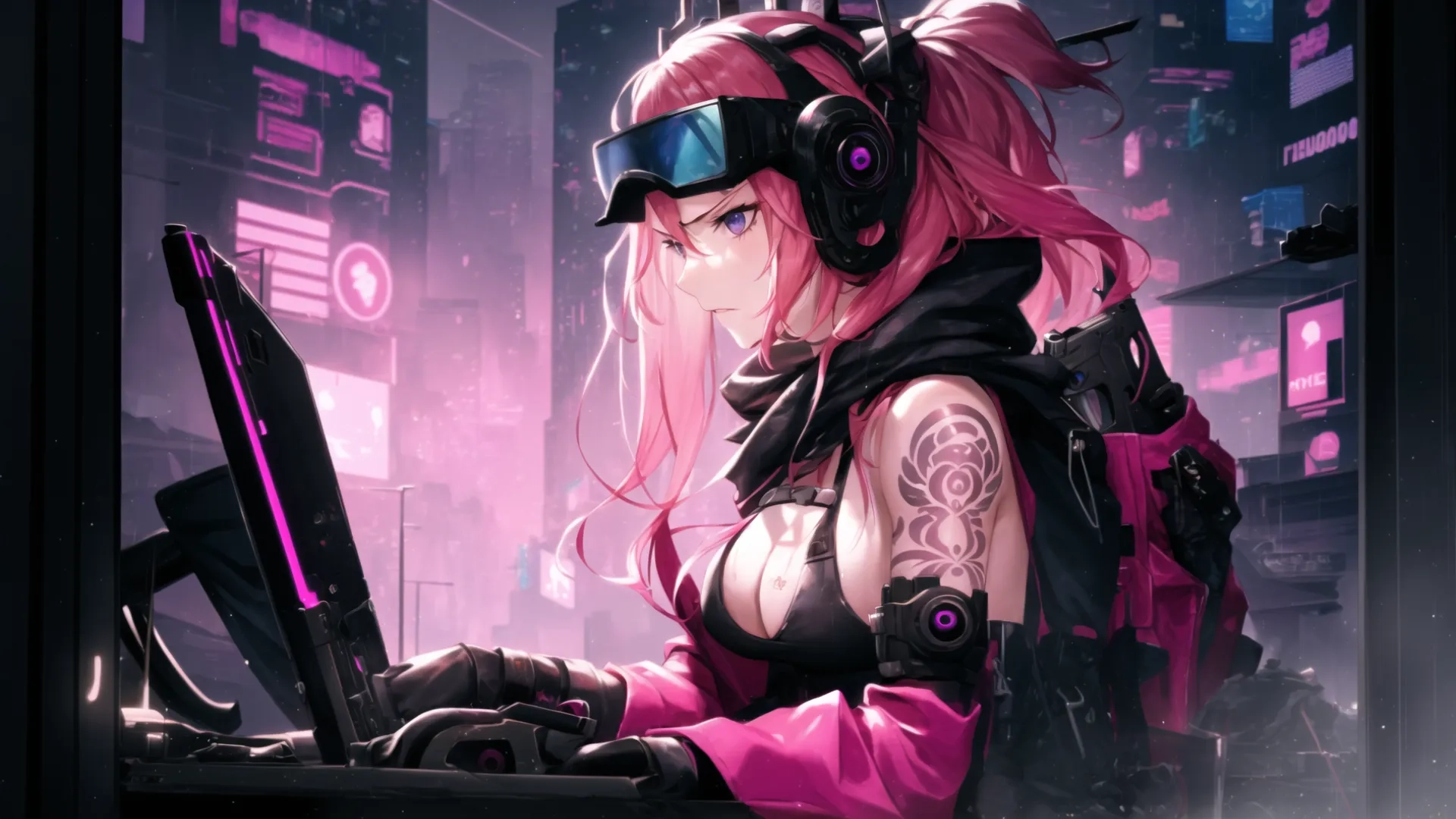 anime style artwork with female user looking out over street in cyber - age city with neon lights and cyber weapons behind her computer screen, headphones