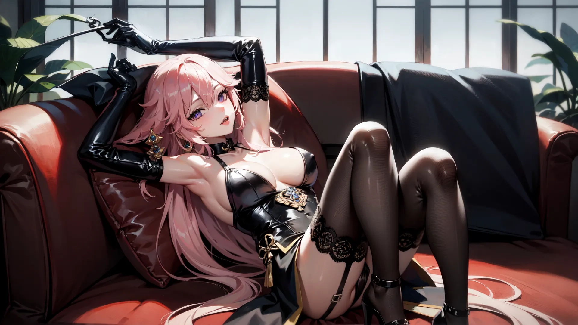 a woman sitting on top of a red couch holding a gun in her hand during the day, and next to a window, on a bench, a chair with window