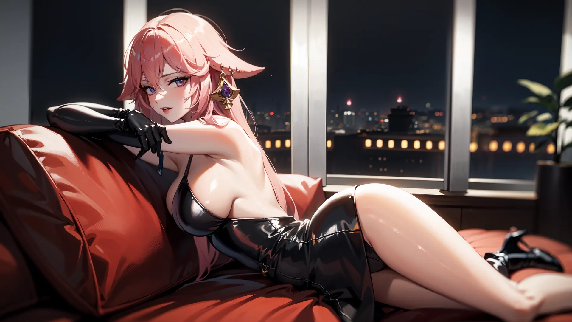 anime character with hair in top and skirt laying on arm chair at window sill next to floor and plant with city in distance across window screen