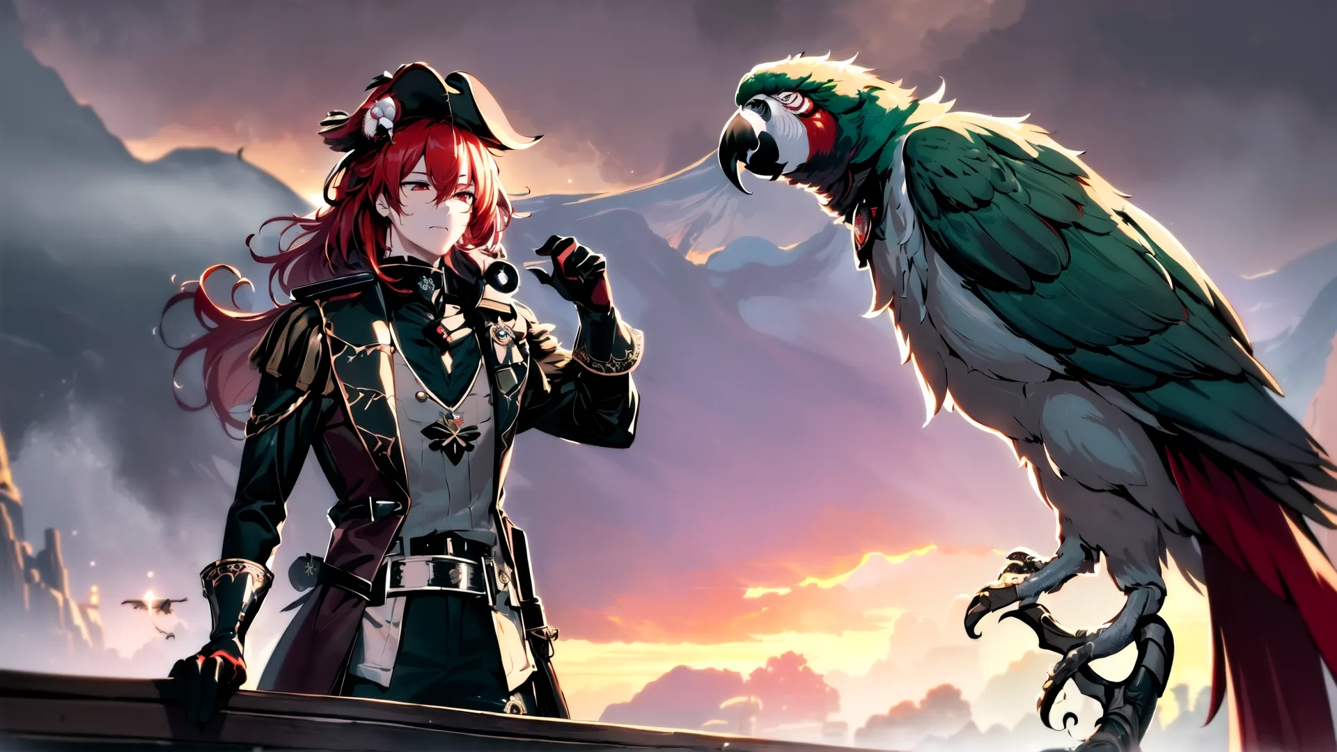 one of the two girls and a parrot looking at each other in this dark photo they appear very menacing with one eye open, their chest and a slightly pointed open on
