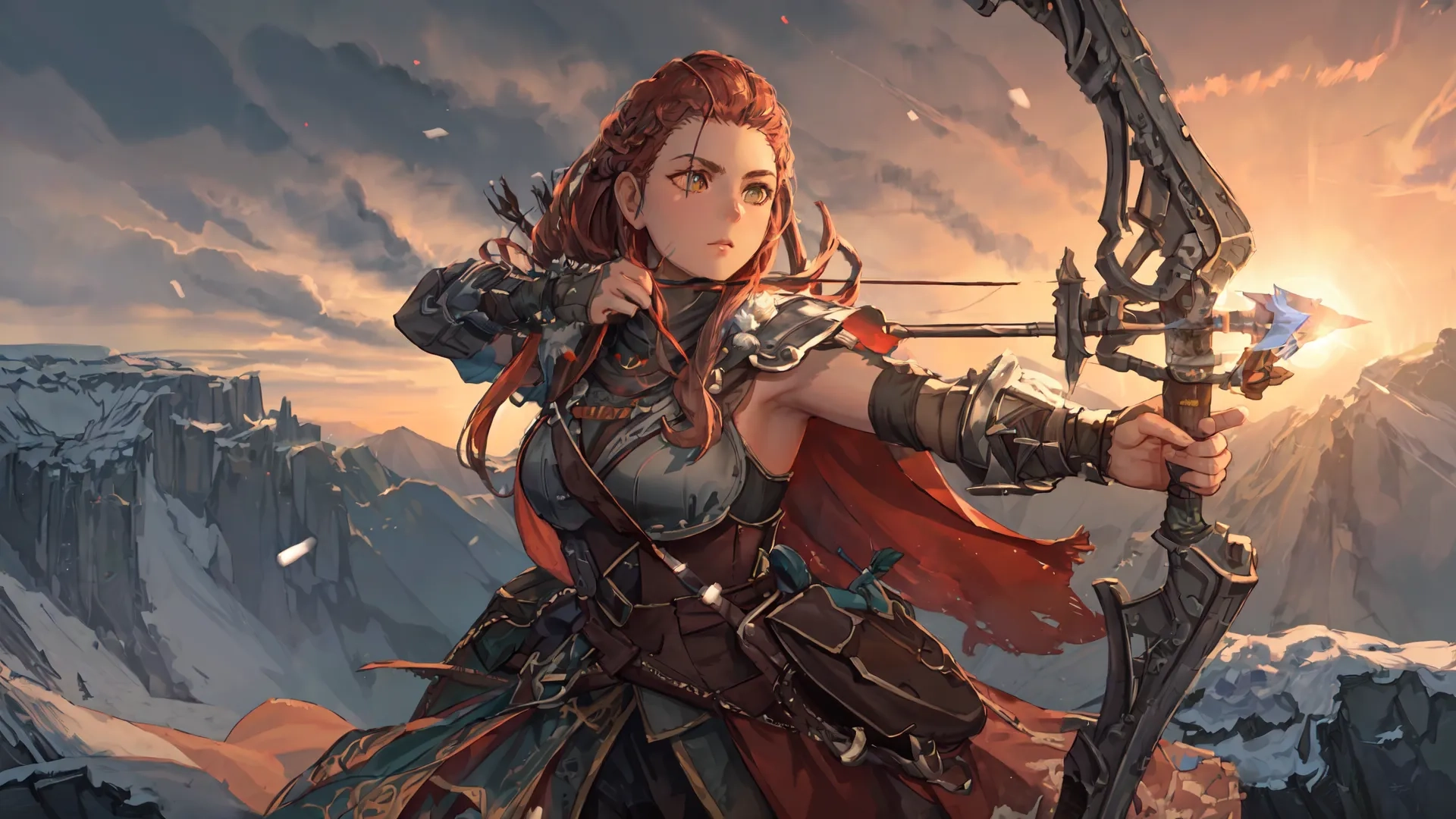 an action video game character that is in red outfit with bow and arrow in front of snow capped mountains beyond them and behind them, are rocks and a mountain