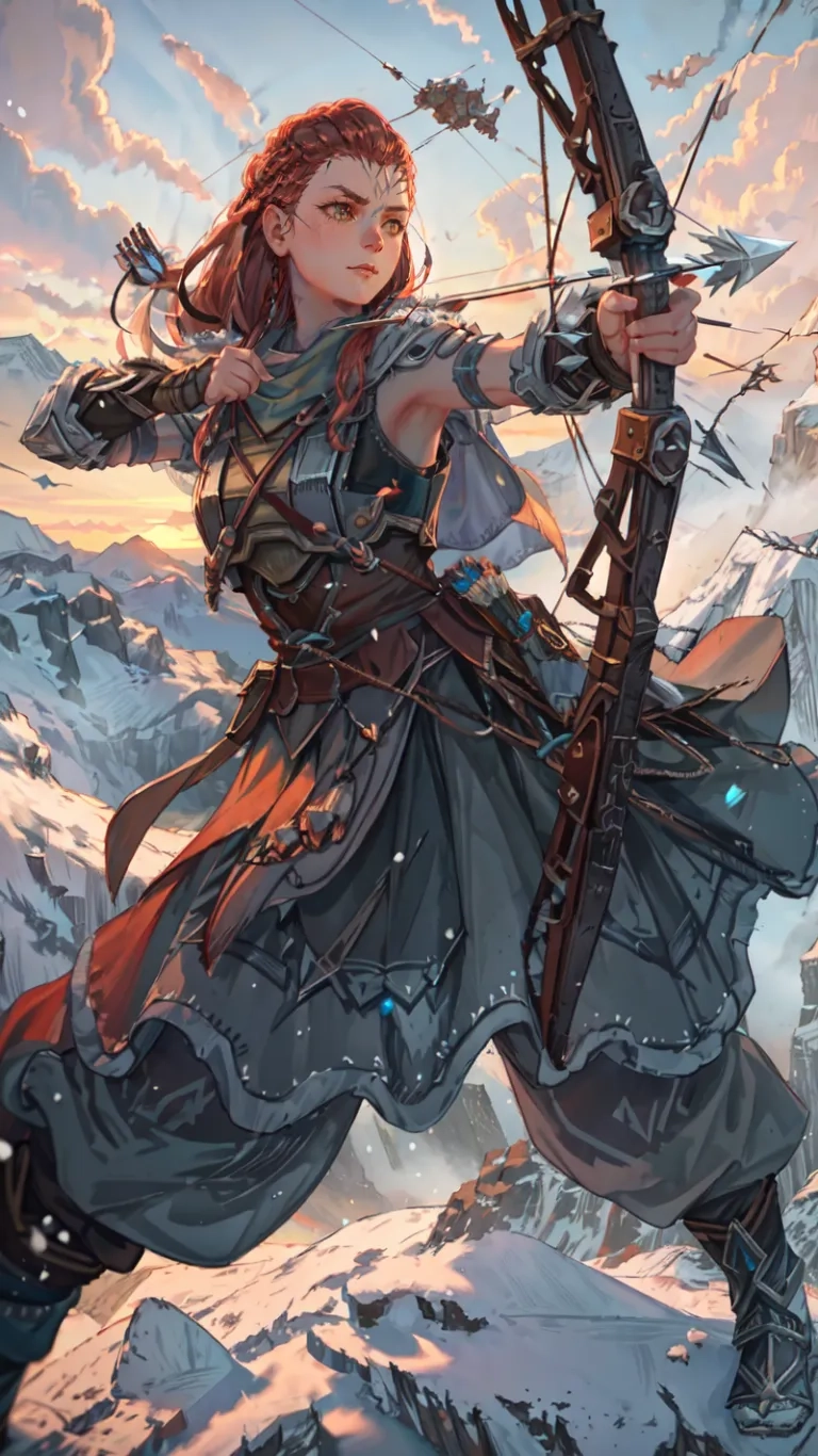 an image of a girl with a bow and arrows in snow land above mountains near sunset and clouds, holding a bow and knife while being lifted high up