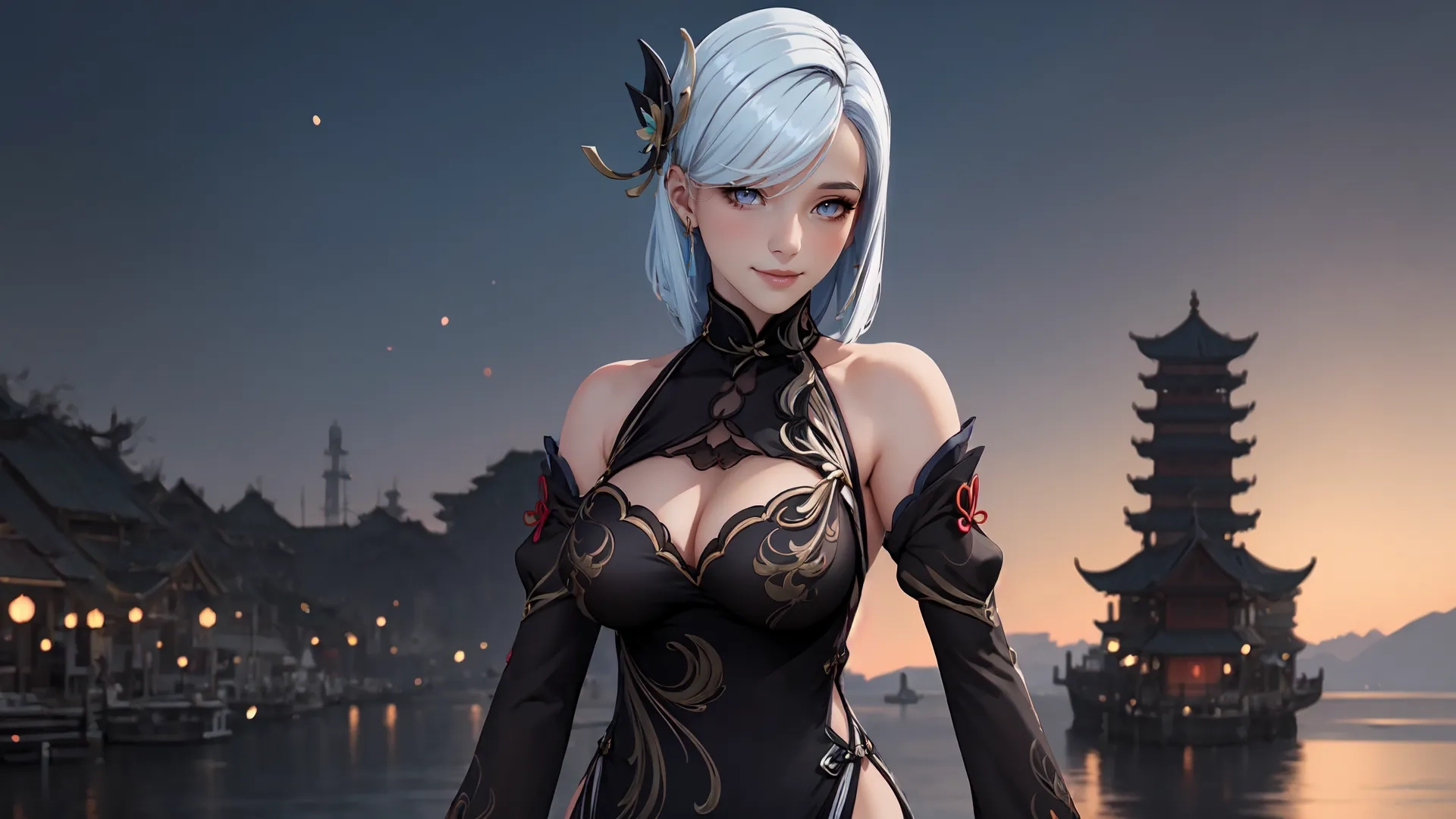 a woman in a black outfit on a dock near the water and buildings and asian architecture are lit up at night in the background, along the sunset