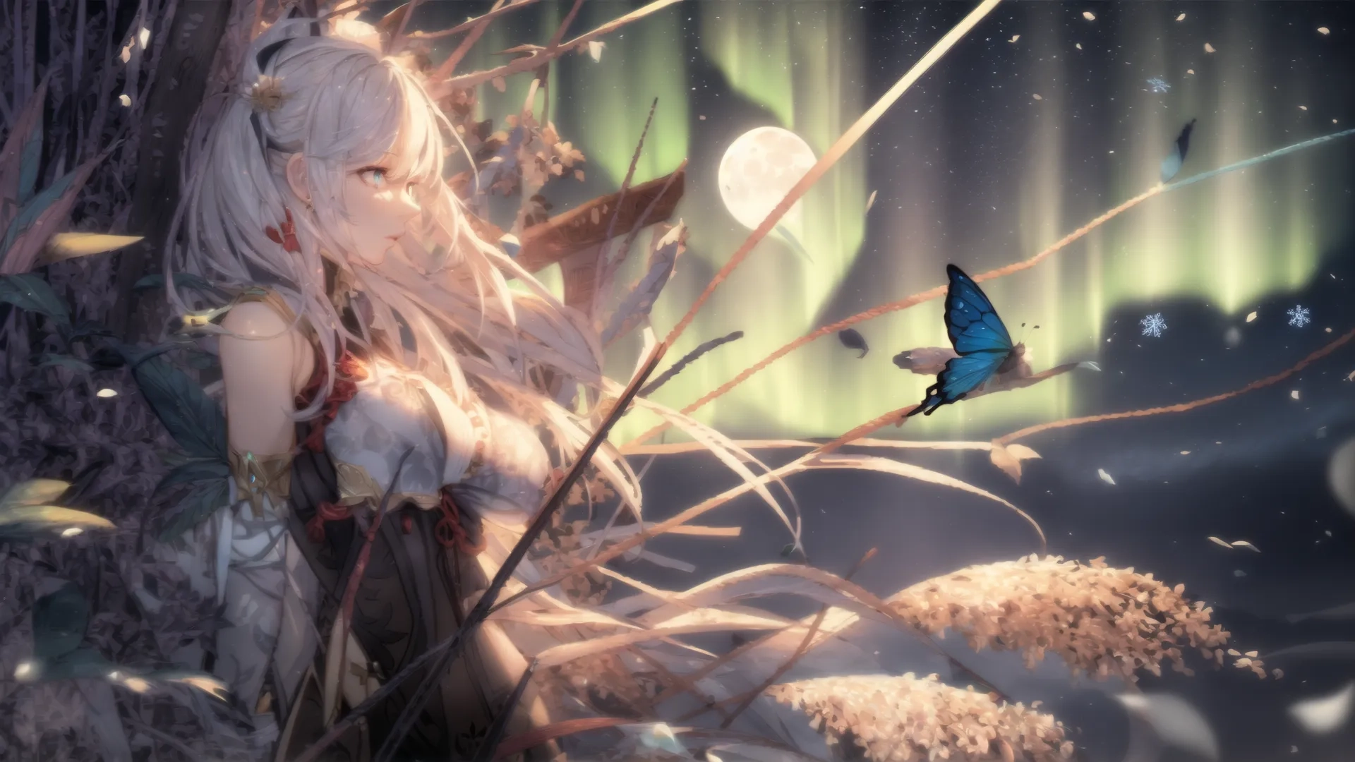 this beautiful blonde with blue hair is holding a butterfly in her hand and she is standing on some grass near the water of stars flying through the night