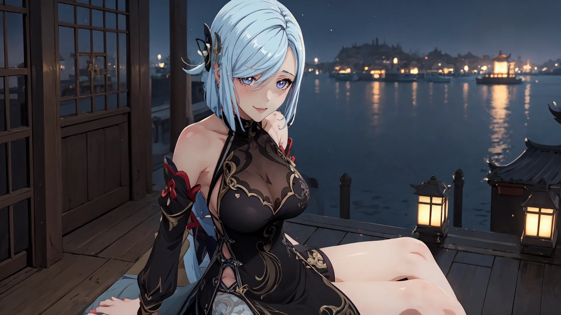 anime like girl sitting on platform with blue hair and boots on, looking into distance near lake at night time by wooden docks with lanterns and city