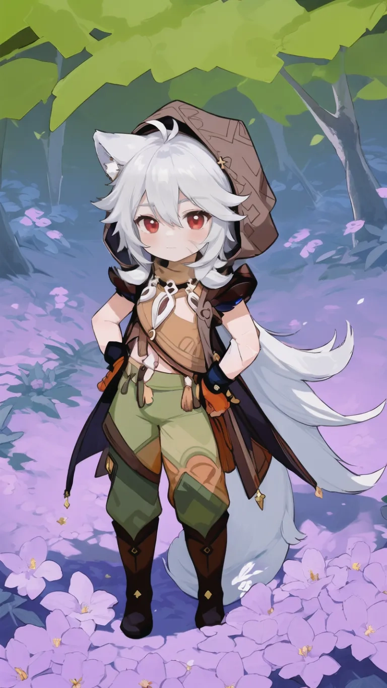 a girl is standing alone and facing the camera with her white hair and hat on, along with flowers blooming around behind her and green and trees
