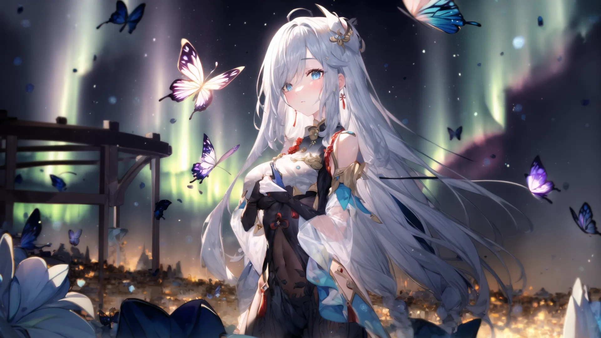 a catwoman is standing in front of flowers and a blue aurora borent behind her her on a mountain with green lights of aurora in the sky