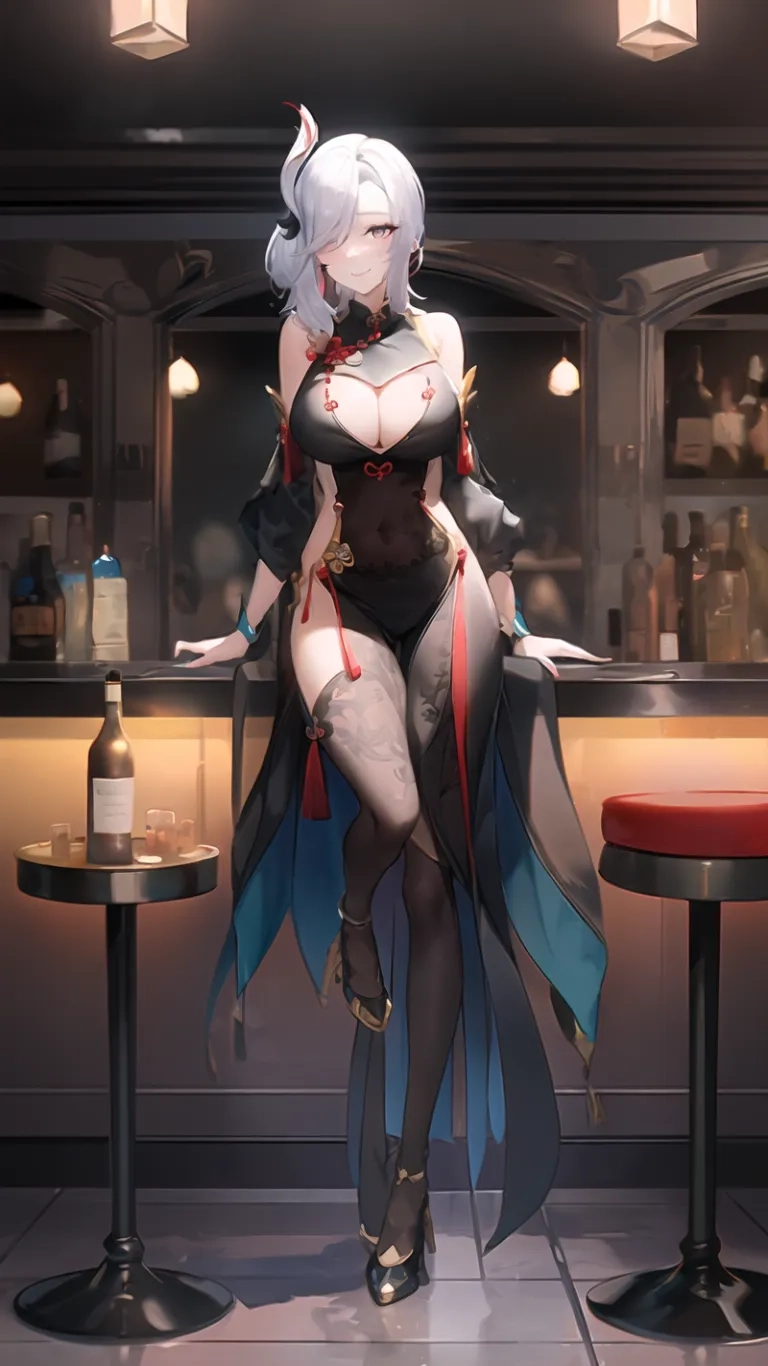 a woman is standing on a bar counter sitting next to a counter with bottles of wine in each hand and some liquor nearby by the counter, and a candle under the light, over, lit
