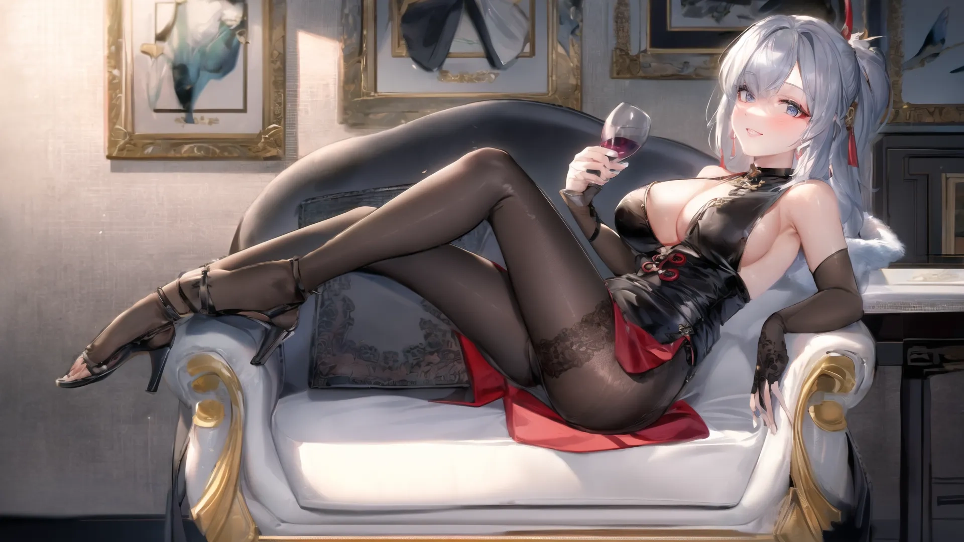 a girl that is sitting on a chair by some kind of wall with frames and a glass of wine in hand, and one leg on the same arm