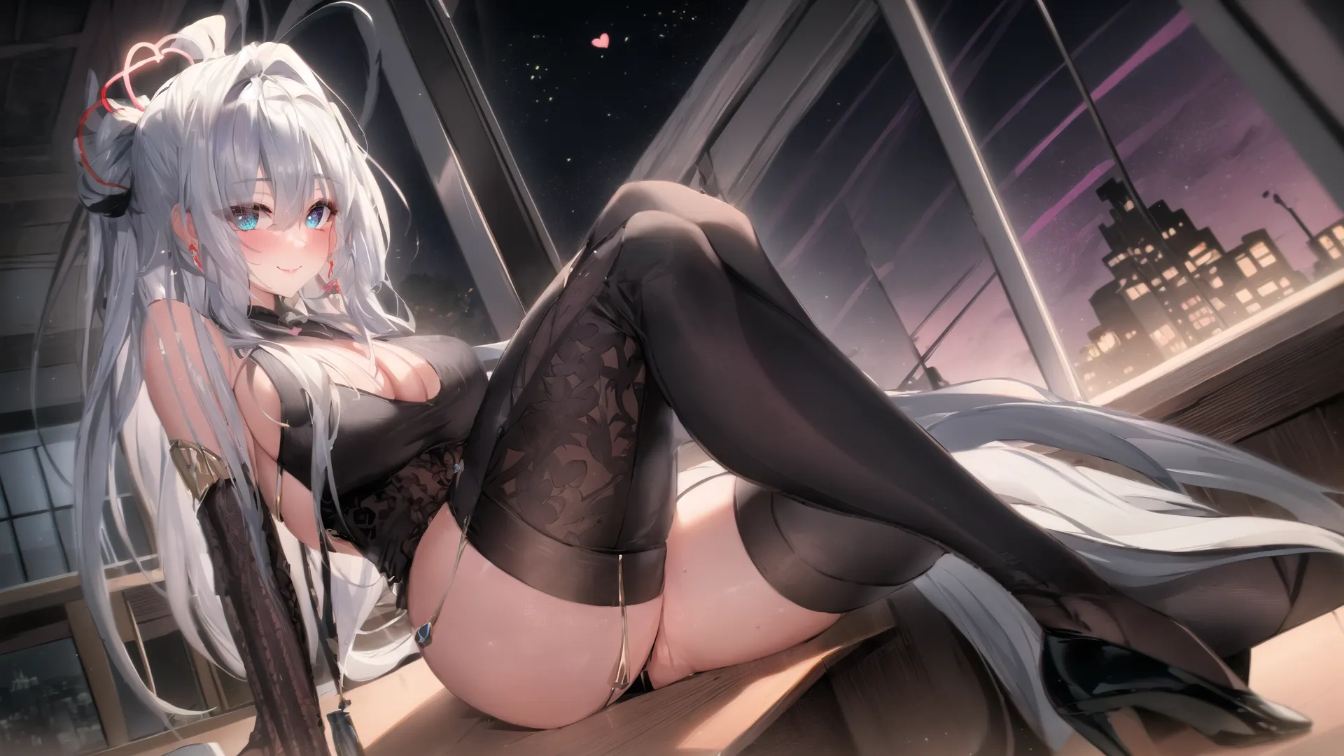 anime - style girl in stockings laying on floor in front of large window looking out at city skyline with big moon above and clouds above, as she has bare butt,