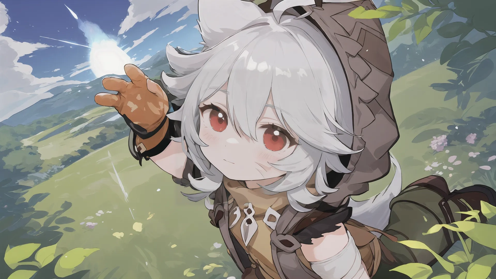 there is a female in an anime game, holding something so that can be seen above her head and shoulder as she walks through the jungle with long leaves
