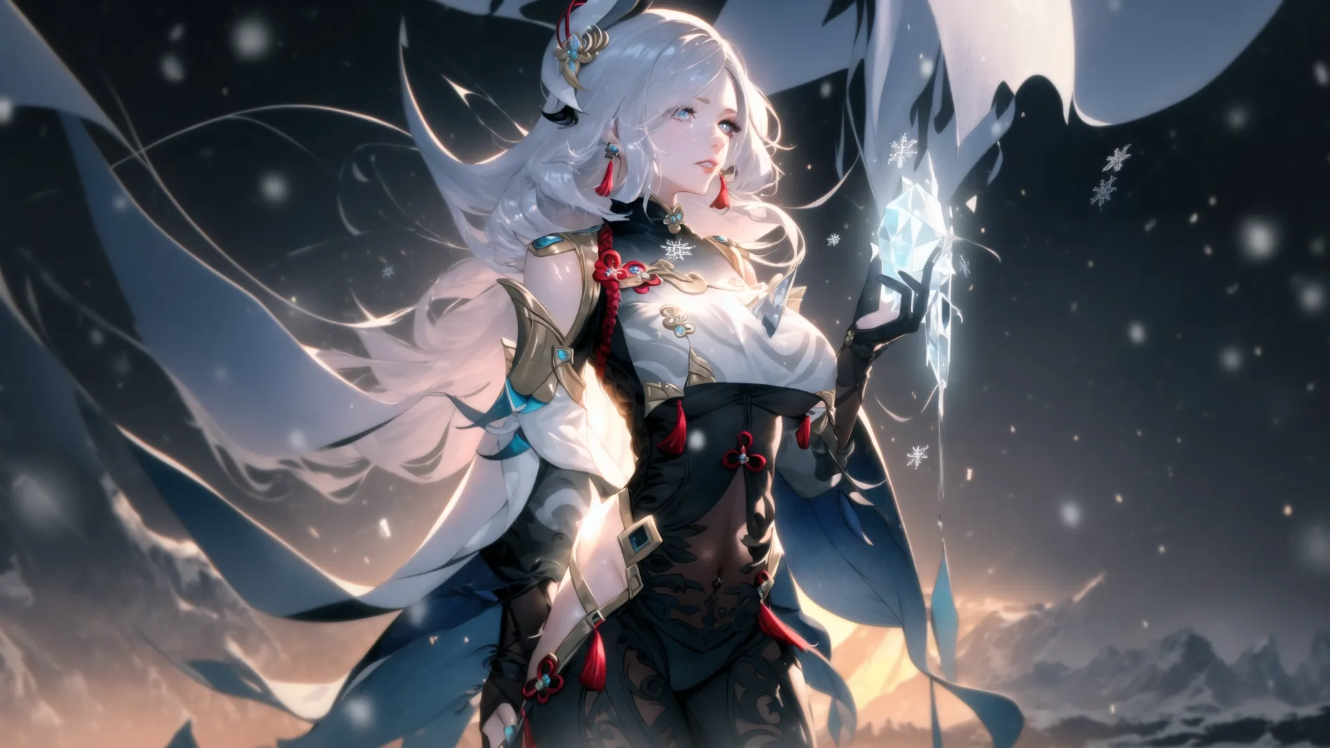 a woman that is standing in the snow holding a sword and some lights behind her and she wears a cape and holding a black hair piece of blue and white dress