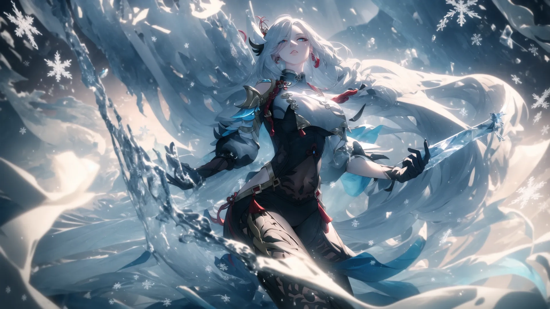 young girl wearing snow clothes next to a snowy lake, with skis and ski poles in hand, near a huge, icy, ice covered hill