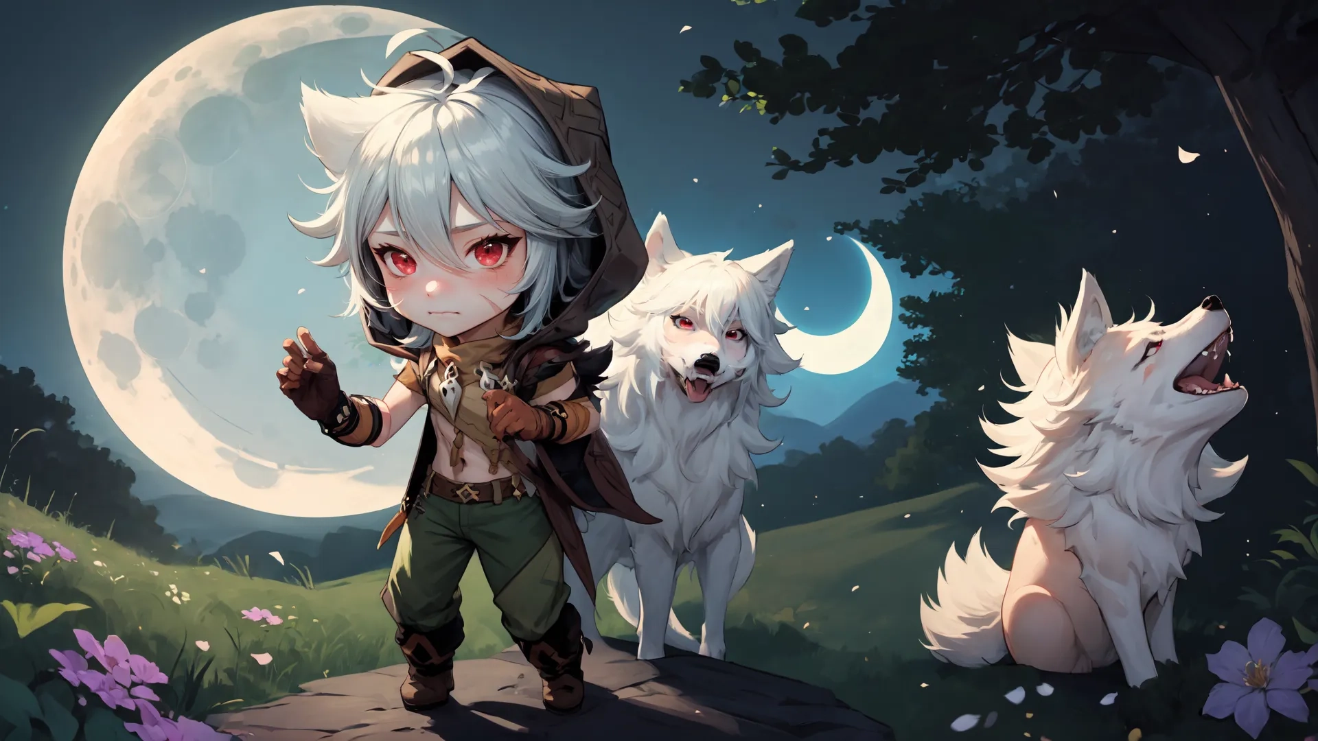 a young boy and two white dogs standing in front of a full moon with the words god is not here written on them to describe it'd