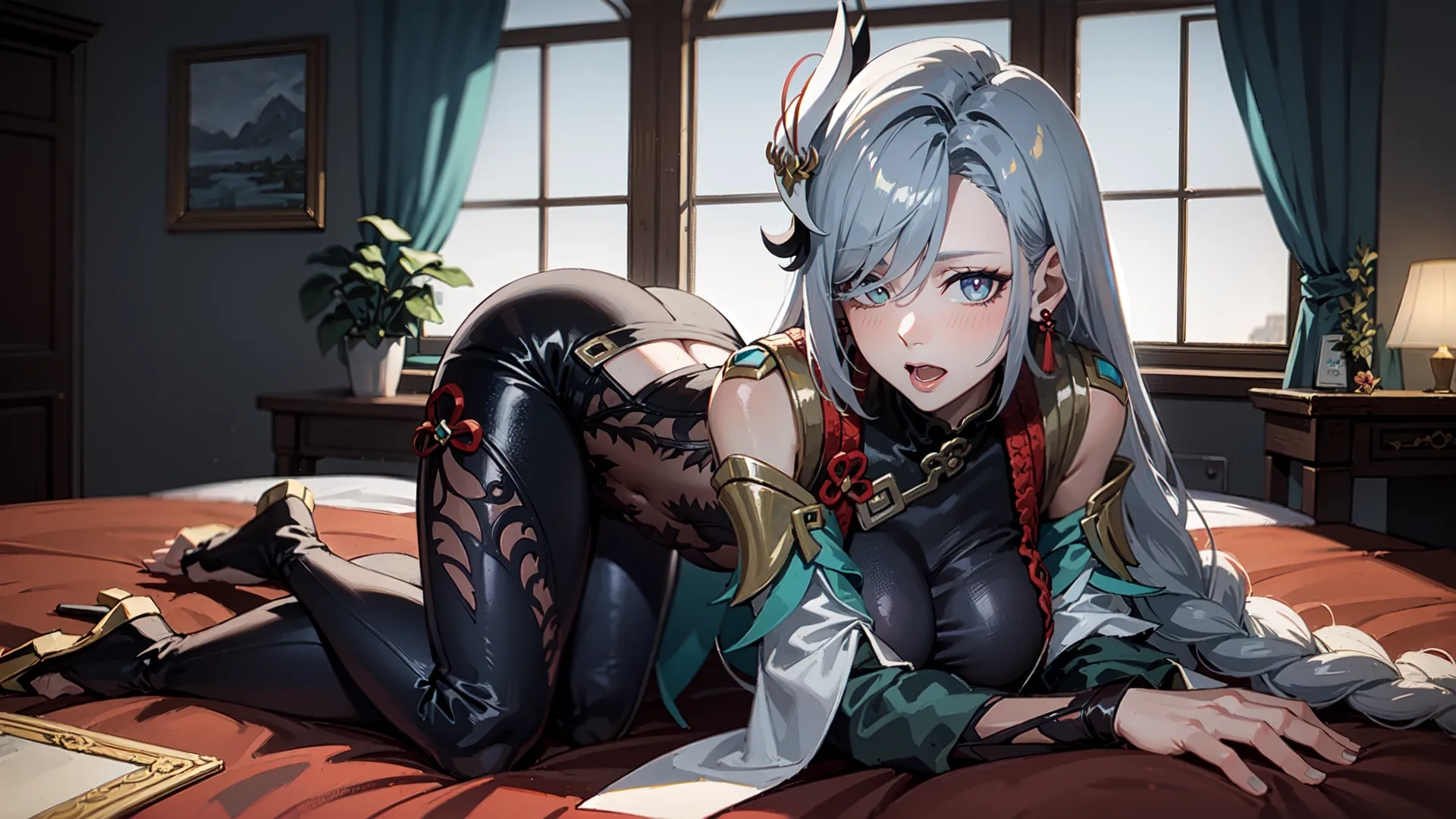 a female with blue eyes is laying on a bed with her leg up and her hair done in blue and the headband are wrapped around her ears